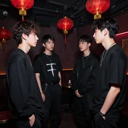 a tiny nightclub with a few red chinese lanterns, a couple of modern subculture teenagers standing and talking to each other, wearing black modern clothes, designed by rick owens, hyperrealistic, extremely lifelike attributes & lifelike texture, hyperdetailed, by gregory crewdson