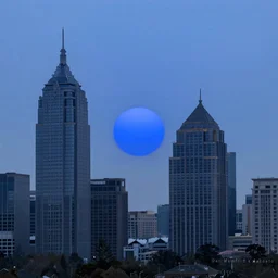 A blue sun sinking behind a modern city skyline by Dan Mumford and Alberto Vargas and John Atkinson Grimshaw and Anton Fadeev, black border, vibrant, sunset, art nouveau