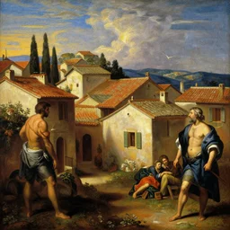 a painting of ancient roman village houses by nicolas party and caravaggio and aaron horkey, dramatic lighting, analogous complementary colour scheme, vivid colours