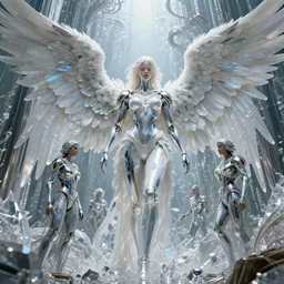 biomechanical angels surrounded by organic superstructures, white pearlescent, chrome, iridescent titanium, crystal, liquid, by lee jeffries, erik johansson, h. r. giger, sapna reddy cinematic forest lighting, crystalline masterpiece incrustations, hyperdetailed metalwork, in volumetric, movie still, real life landscape, aperture f. 8, 1 0 -