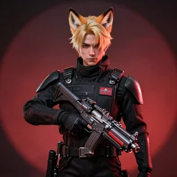 close up of futuristic dystopian regime soldier, plasma gun, blonde hair, fox ears, human, character sheet, concept design, contrast, hot toys, kim jung gi, greg rutkowski, zabrocki, karlkka, jayison devadas, trending on artstation, 8 k, ultra wide angle, pincushion lens effect, red and black color scheme