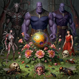 the platonic ideal of flowers, rotting, insects and praying of cletus kasady carnage thanos dementor wild hunt chtulu mandelbulb schpongle tsar bomba bioshock xenomorph akira, ego death, decay, dmt, psilocybin, concept art by randy vargas and zdzisław beksinski