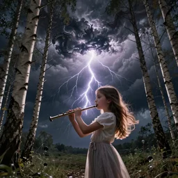 young girl playing flute, birch forest clearing, storm at night, lightning dragons attack, low angle facing sky, cinematic, dramatic lighting, big storm clouds, high contrast
