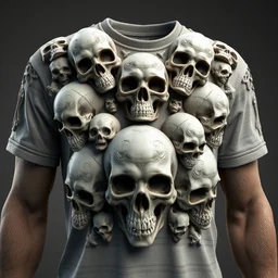 t - shirt with various skulls carved into the t - shirt surface, intricate details, photorealism, 8 k, octane render, stunning craftsmanship, t - shirt design with skulls, artstation