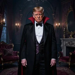 donald trump posing as a vampire in gothic clothing in an dark gothic apartment