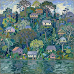 A small lake's edge jungle village with houses built in the tree tops, matte painting, trending on art station, Monet, Van Rysselberghe