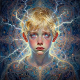 powerful symmetrical visionary art by mandy jurgens by android jones, powerful eyes glowing highly detailed painting of deep sadness alone, very young blonde boy spiritual portrait, fractal electricity surrounding him, expressive emotional sadness piece, symmetrical, trending on art station, abstract emotional sadness expression, very very very beautiful, fantasy digital art, highly detailed patterned visionary art, magical fantasy 2 d concept art, intricate detai, magic symbols and patternsl