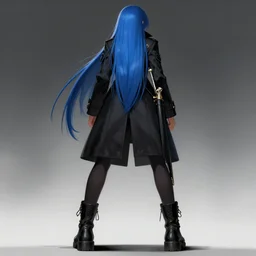 low - angle shot from behind of a long blue - haired girl in a tailcoat with a scabbard, combat boots, noir, screenshot, sharp focus, intricate, illustration, cell shaded, digital painting, highly detailed, straight hair, art by ilya kuvshinov, wlop, greg rutkowski, studio quality, james jean