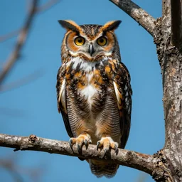 beautiful hyperrealist highly detailed psychedelic music poster of a great horned owl on a tree branch, symmetrical full body, beautiful high contrast woodcut, moebius and charles burns comic style, shocking detail trending on artstation 8 k