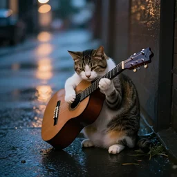 a cat playing guitar on the street on a rainy evening