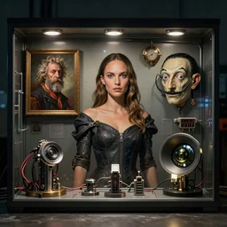 Natalie Portman, Blade runner artifacts, electronic case display, cyberpunk tech, ultrarealistic, futuristic, three point lighting, dramatic lighting, electrical details, high details, 4k, 8k, best, accurate, trending on artstation, artstation, photorealism, ultrarealistic, digital painting, style of Wayne Barlowe, Caravaggio, Dali, Boris Vallejo, Hajime Sorayama