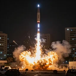 Tel aviv under rocket attack, cinematic shot, photorealistic, night, highly detailed