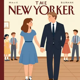 portrait of Mads Mikkelsen and Hugh Dancy holding hands romantically as they chaperone school dance by Michael Whelan, Bob Larkin and Tomer Hanuka, simple illustration, domestic, nostalgic, clean, Matte painting, trending on artstation and unreal engine, New Yorker magazine cover, 1980s romance book cover