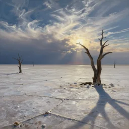 stunning landscape of the vast salt plains with occasional dead trees, cirrus clouds, intricate details, digital art by rob gonsalves, oil on canvas by ivan shishkin