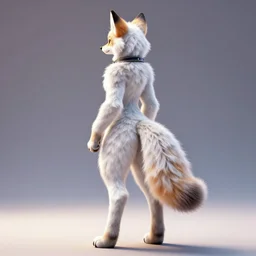 full body of anthropomorphic lynx fursona from behind wearing collar as a woman with lynx head, tail, furry paws with no boots, by tanidareal, irakli nadar, intricate linework, unreal engine, fantasy style, perfect angle, radiant lighting, vibrant color scheme, 3 d render, detailed highly lighted white fur, realistic fur
