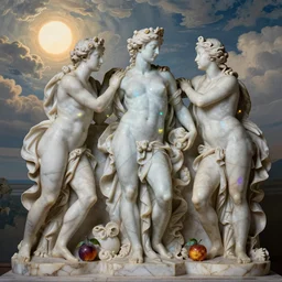 Bloodborne, tilt shift, prismatic, italian masterpieces, painted marble sculptures, baroque, beautiful, gracious, pagans, marble, clouds, sun, fruits, bioluminescent skin, ultra detailed