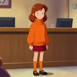 Stunning Scene of Velma Dinkley wearing her iconic orange sweater from Scooby Doo in court for falsely accusing someone of being a criminal by Greg Rutkowski. Velma is a teenage female, with chin-length auburn hair and freckles. She is somewhat obscured by her fashion choices, wearing a baggy, thick turtlenecked orange sweater, with a red skirt, knee length orange socks and black Mary Jane shoes. Soft render, Pixiv, artstation