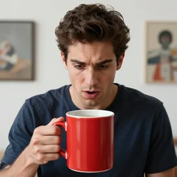 portrait of a ( ( ( red oversizeceramic mug of coffee ) ) ), an aroused young handsome spanish man looking into the mug, 3 d photorealistic, parts by beksinski, parts by goro fujita, parts by yue minjun, by filip hodas