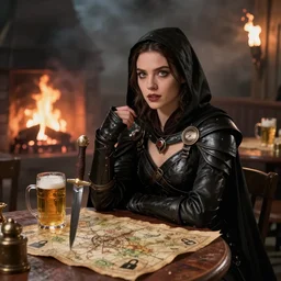 Beautiful young woman is sitting near a round table with beer mugs, a dagger stuck in table, a map and lockpics on it. She is dressed as a fantasy thief in black leather armor, a caped cloak. She is looking straight ahead, her eyes wide open and speak something. She looks mysterious and mystical. She is has face of Kate Beckinsale. The tavern is hard to see because of the smoke and the smoke of a large fireplace and torches. Fantasy art, high detail, 4k