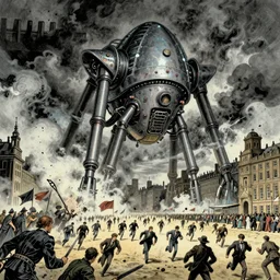 war of the worlds by jeff wayne, martian trypods, victorian london, smoke and destruction, dark clouds, hundred of people running, epic, dramatic, by greg rutkowsk, 4K, ultra detailed, wide angle, trending on artstation