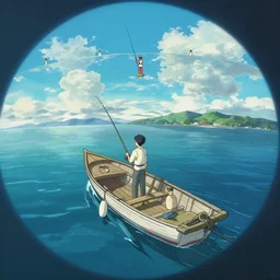 anime three - point perspective illustration of a man fishing on a row boat in the middle of the ocean, by kim jung gi, paul heaston, makoto shinkai, simon stalenhag, greg rutkowski, hayao miyazaki, by studio ghibli. digital art, panaromic view, extremely wide angle shot, trending on art station, 4 k uhd image, cinematic, fish eye