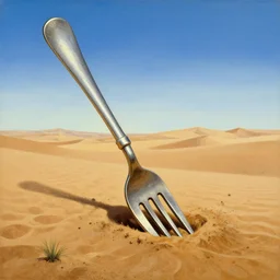 a giant fork buried in the sahara desert, salvador dali painting, 4 k