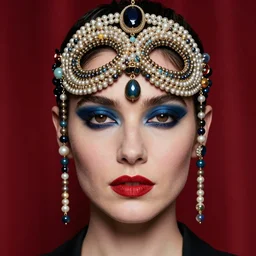 an 8 0 s close - up portrait of a woman with dark blue eye shadow and red lips with dark slicked back hair, a mask of beads and jewels hanging from a crown by serge lutens, rolf armstrong, delphin enjolras, peter elson, background of classic red cloth