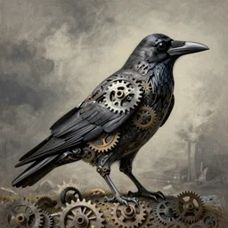 artistic drawing of a crow, made of engrenage, surrealism by zdzisław beksinski, visionary, detailed, realistic