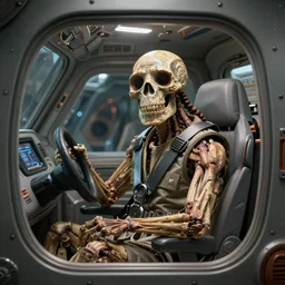 neanderthal inside a spaceship, in pilot seat