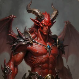 a portrait of a red devil with horns, dark fantasy painting, golden ratio, trending on cgsociety, intricate, majestic, dark epic fantasy, trending on artstation, by Kevin Keele and Nicolas Aviori, highly detailed, vibrant, cinematic quality character render; low angle; ultra high quality model; production quality cinema model