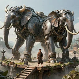 an intricate concept illustration, fantasy, asian farmer on a platform, mechanical large biomes, megafauna, ultra photorealistic, ultra sharp, artstation, cgsociety, masterpiece, by wlop, octane render, cinematic lighting, 8 k
