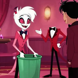 A Still of a episode from Hazbin Hotel where Charlie morningstar and a person arguing of who is going to take out the trash