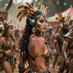 hyper realistic photography portrait of postapocalyptic madmax cyberpunk cyborg tribal festival curvy voluptuous curvaceous partygirl witch magician amazon face cinematic, vallejo, back shot, craig mullins greg rutkowski, artstation, cgsociety