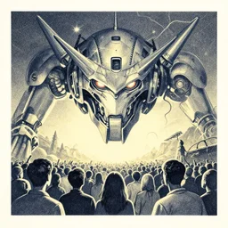 risograph painting, hyper light drigter, a big mech droid head floating above the people, eden's world, style by moebius and kim jung gi