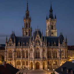 an ancient medieval royal city at night with art nouveau architecture by greg rutkowski, artstation and lovecraft, extremely hyperdetailed, evening atmosphere, ornate granite architecture, church, clock tower