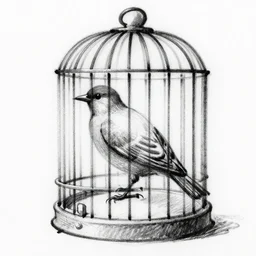 an abstract rough charcoal sketch of a bird in a bird in a cage, black and white