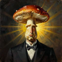 surrealist painting of a man with a mushroom for a head, rene magritte