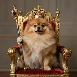 pomeranian sitting on a throne holding a royal sceptre in its paw, with a crown on its head, by rembrandt and konstantin razumov