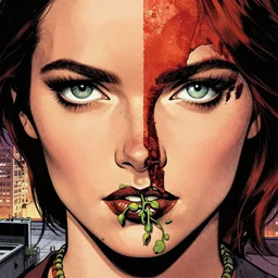 peter mohrbacher, phil noto comicbook cover art, artgerm, emma stone poison ivy, vines, symmetrical eyes, city rooftop