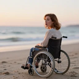 cinestill 5 0 d, 8 k ; friendly ultrarealistic medium full shot poster of hyperrealistic real - life surprised britt marling in wheel chair figurine looking out at sea. beach ( 1 9 7 0 ) film still sunrise scene in frontiers in macro photography architectural studio june extreme closeup 3 / 4 portrait edition, tilt shift wide shot scene background