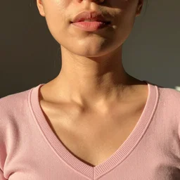 olive skinned female model in her thirties, wearing pink v - neck sweater, focused on neck, photo realistic, extreme detail skin, natural beauty, straight teeth, no filter, slr, golden hour, 4 k, high definition, selfie