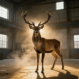 a great deer standing majestic in a large industrial room with small windows, golden light, smoke effect on the floor, backlit, insane details, hypernrealistic photo, trending on artstation