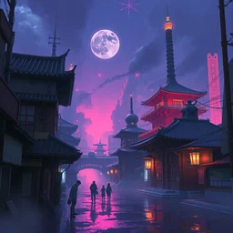illustration of ⛩ and 🗼, cyberpunk, by mandy jurgens