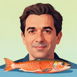 salmon rushdie as. salmon, a realistic portrait and realism, a sharp focus, ten flats, digital art, bright colors, trending on artstation, unreal engine.