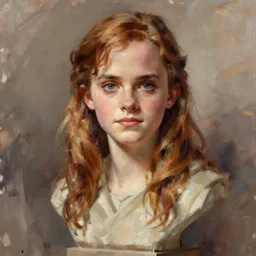 detailed illustration of a emma watson bust, soft brushstrokes, subsurface scattering, warm lighting