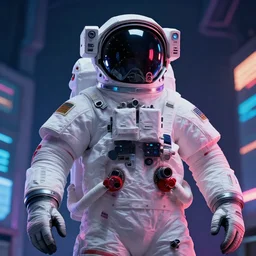 professional photo of astronaut from front standing very close to camera from low angle shot, cyberpunk, synthwave, blade runner, hyperrealistic masterpiece, trending on artstation, cgsociety, kodakchrome, golden ratio, cinematic, composition, beautiful lighting, hyper detailed, sharp focus, octane render, 4 k, unreal engine