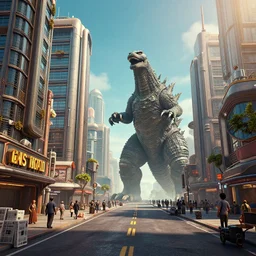 tall dieselpunk buildings on a long street, a giant godzilla monster surrounded by people, newpaper boxes, dslr, hdr, octane render, 3 d shading, cgsociety, horde 3 d, volumetric lighting, ray tracing, 3 dexcite, zbrush