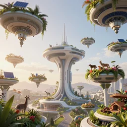 candid photo of sunrise atmospherics in a futuristic solarpunk utopia, hanging solar gardens with animals and humans walking in peace, brilliant daylight, leica 8 k still from an a 2 4 film
