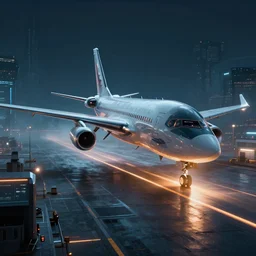 immense futuristic jet plane arrives at runway of cyberpunk airport at night ,cinematic lighting, concept art