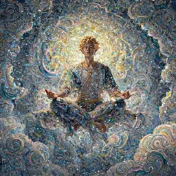 a prince meditating and floating in the air, swirly clouds in the background, art by James Jean and Wayne Barlowe and moebius, high details ,  contrasted colors, cinematic, cgsociety 8k